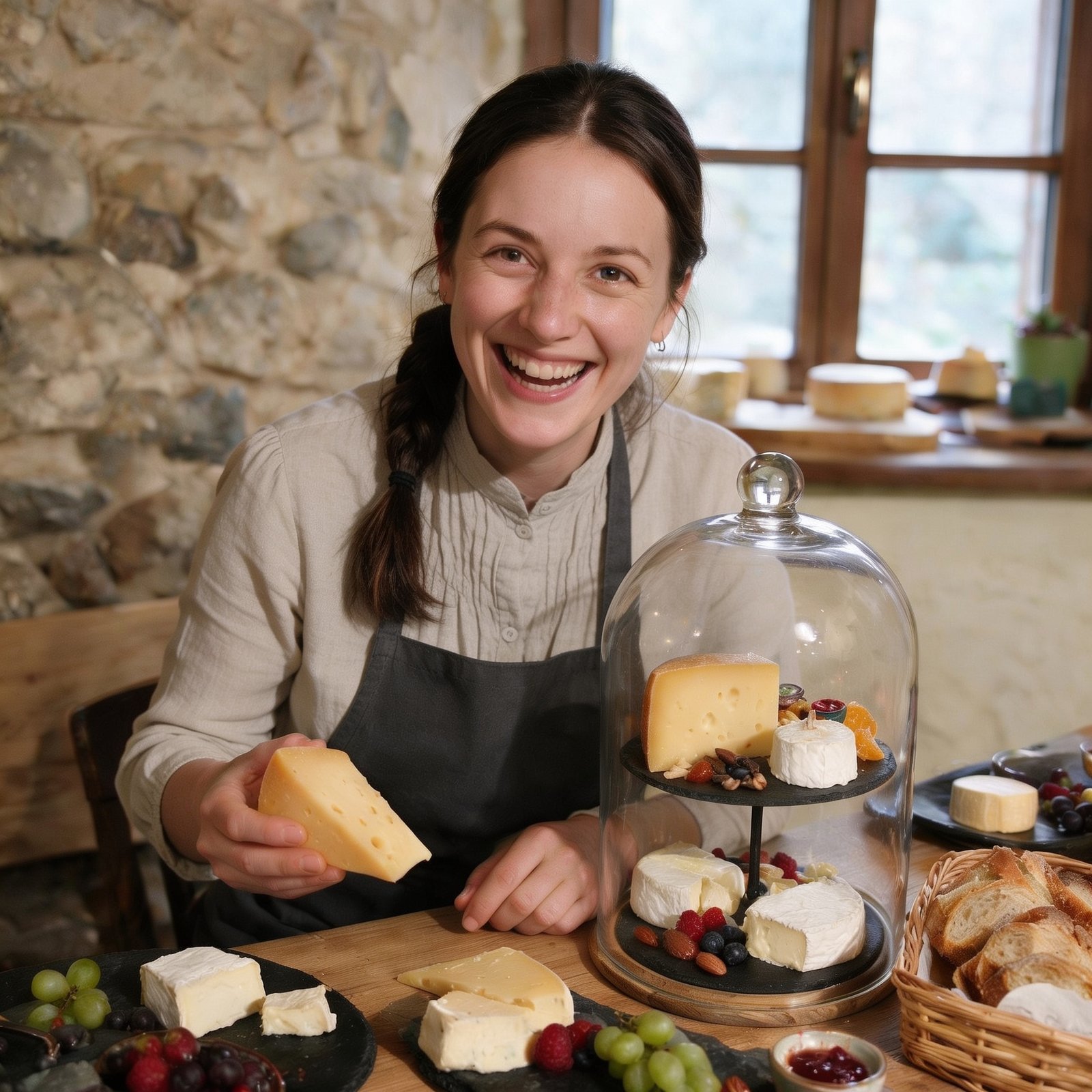 Käsemacherin mit selbstgemachtem Käse und einer Käseglocke voller Spezialitäten