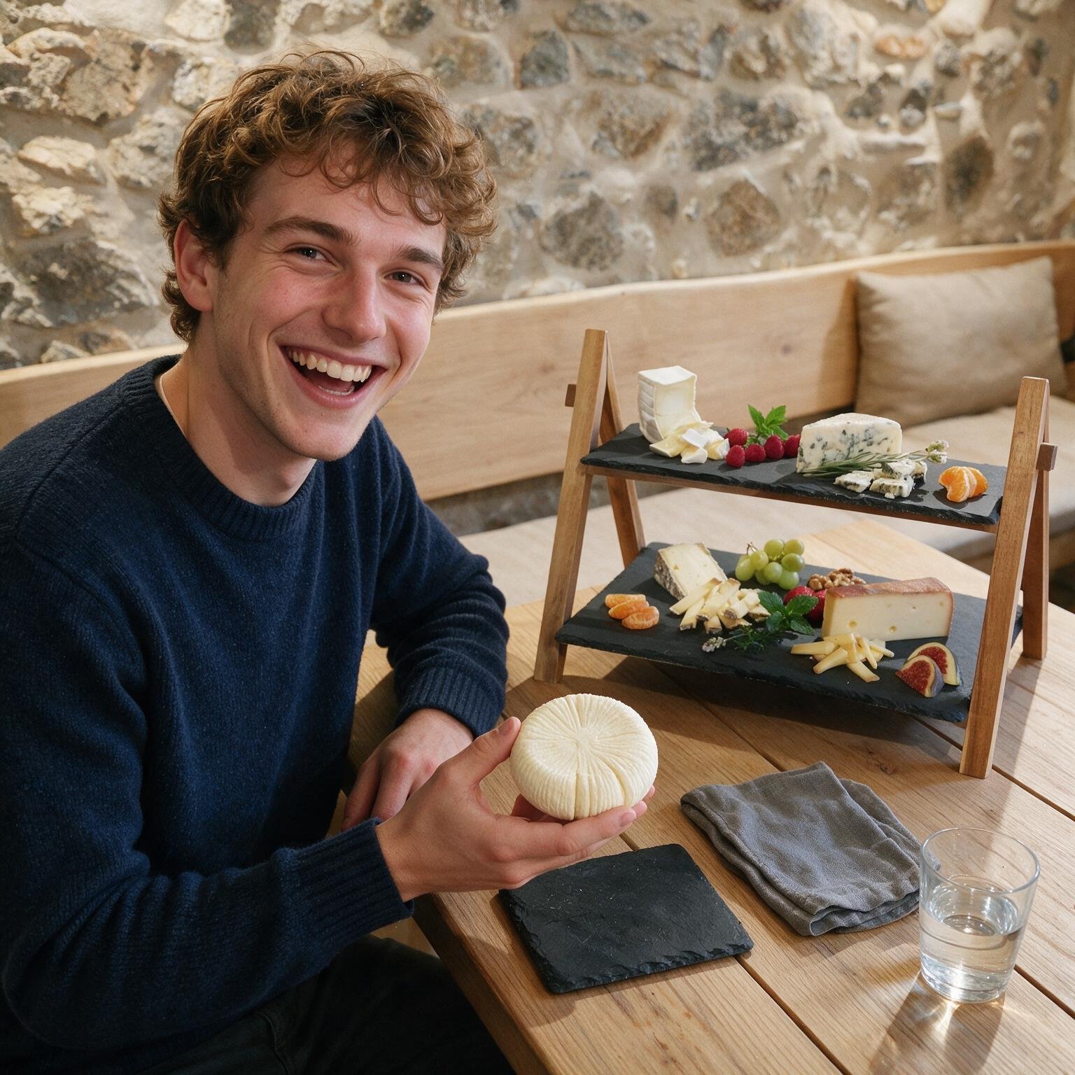 Teilnehmer mit seinem selbstgemachten Frischkäse und einer Käse-Etagere